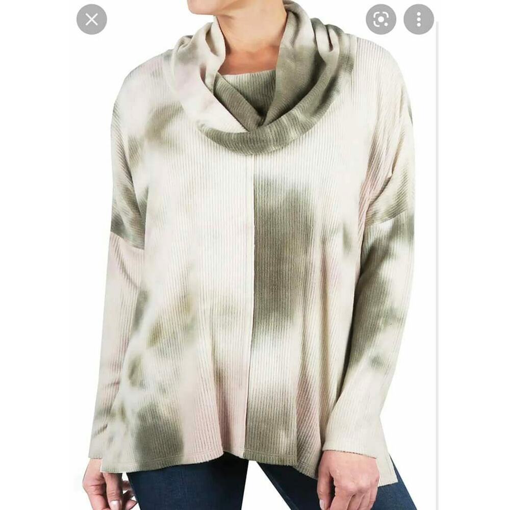 CHENAULT Tie Dye Cozy Seam Front Cowl Neck Pullover in Olive S‎ NEW